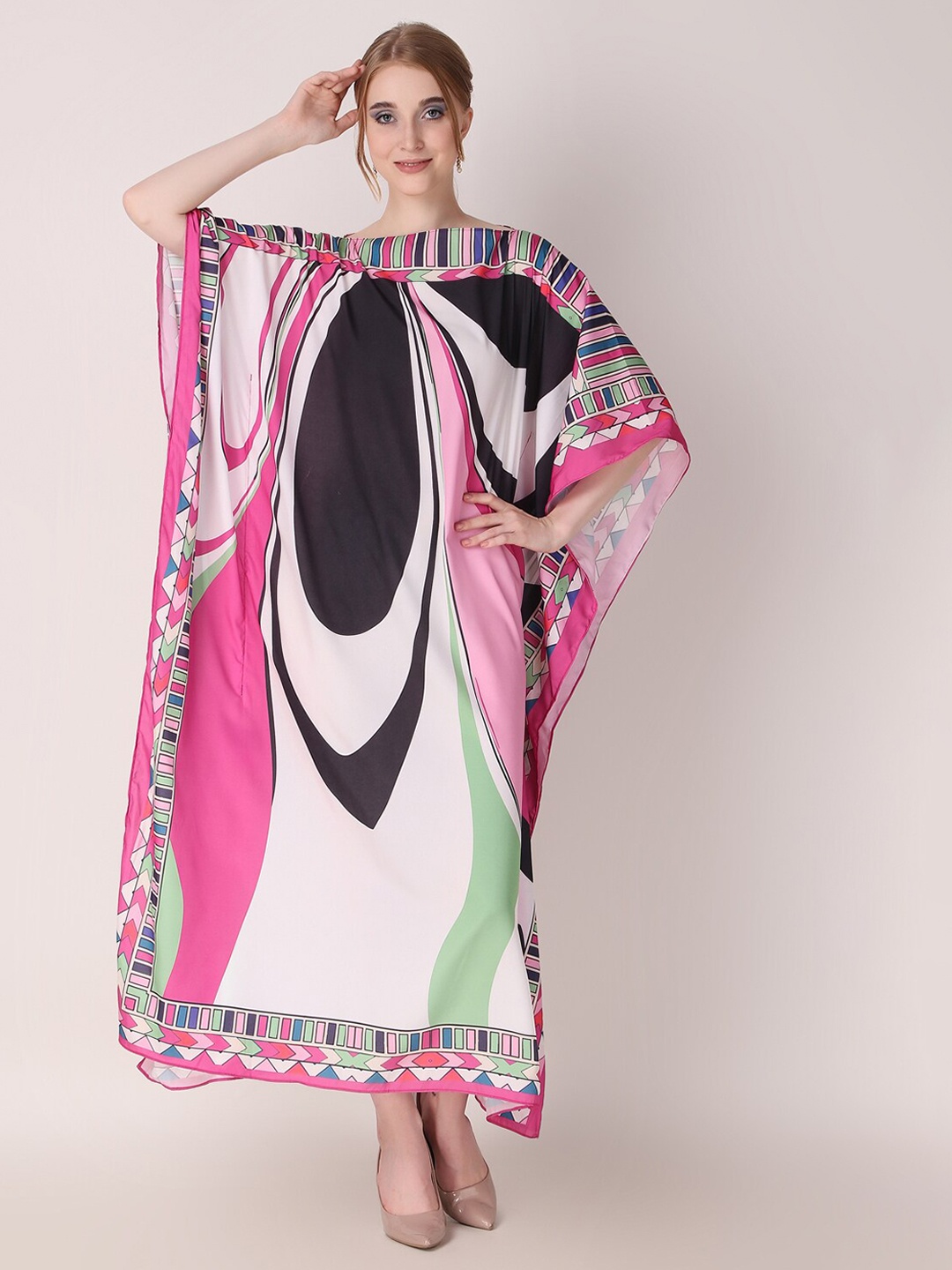 

Rajoria Instyle Abstract Printed Flared Sleeves Kaftan Maxi Dress, Pink