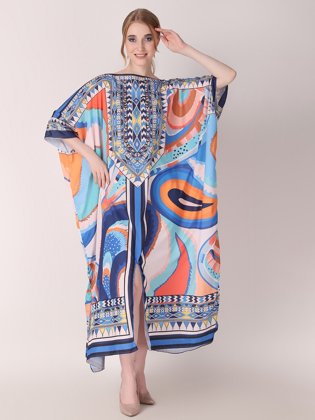 

Rajoria Instyle Ethnic Motifs Printed Kaftan Midi Dress, Blue