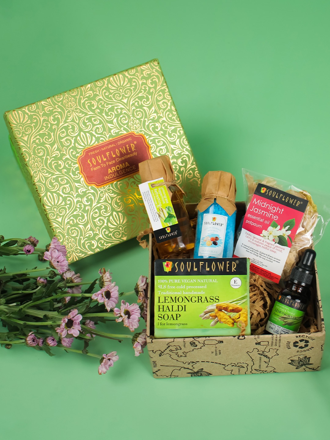 

Soulflower Lemongrass Try Me Bath & Body Skincare Beauty Gift Set, Green