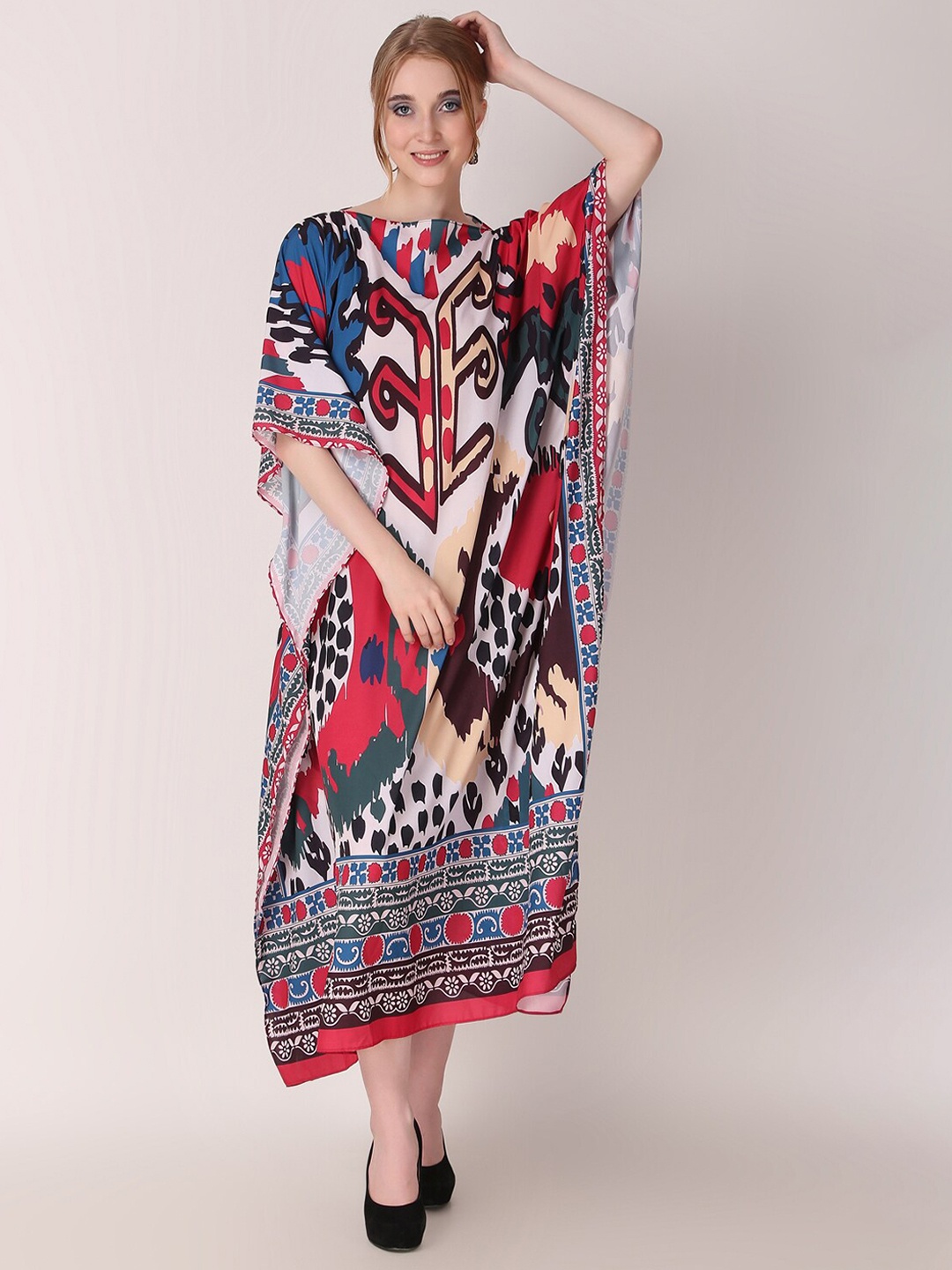 

Rajoria Instyle Abstract Printed Flared Sleeves Kaftan Midi Dress, White