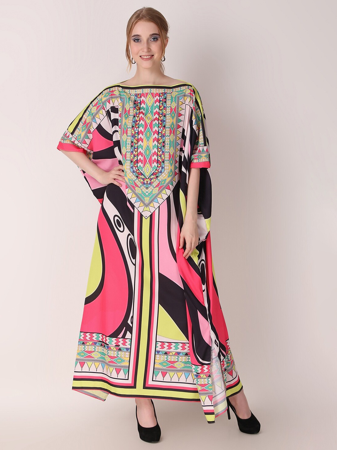 

Rajoria Instyle Graphic Printed Boat Neck Kaftan Dress, Pink