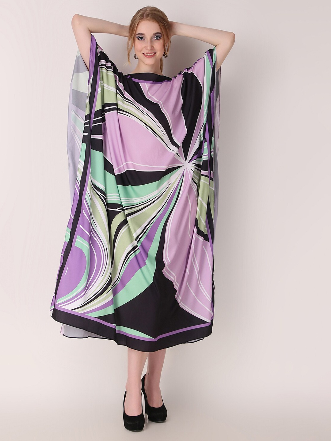 

Rajoria Instyle Abstract Printed Kaftan Swimwear Cover up Top, Black