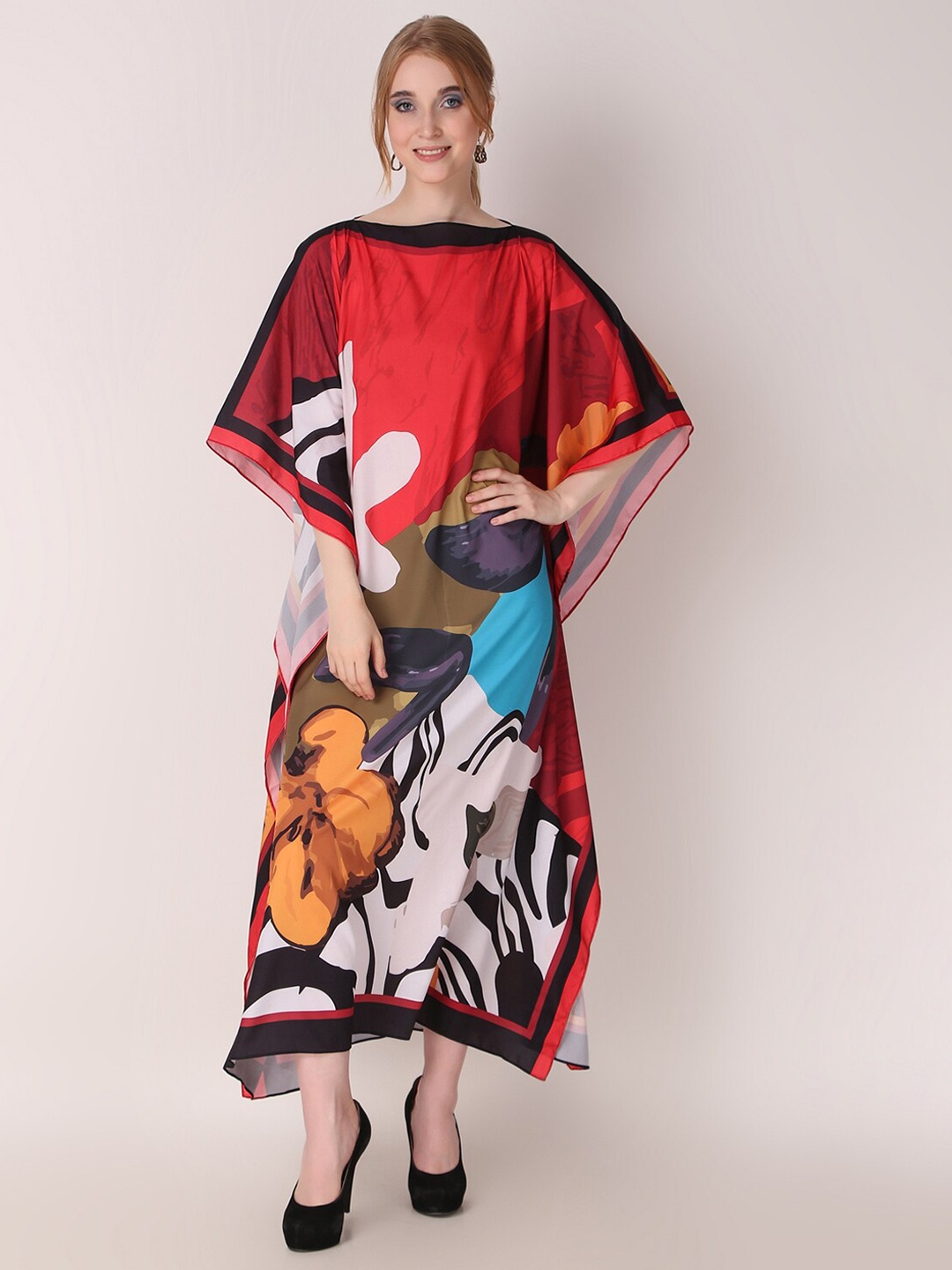 

Rajoria Instyle Abstract Printed Flared Sleeves Kaftan Maxi Dress, Red
