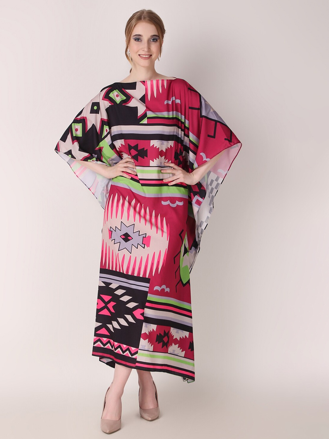Rajoria Instyle Abstract Printed Crepe Kaftan Midi Dress, Red