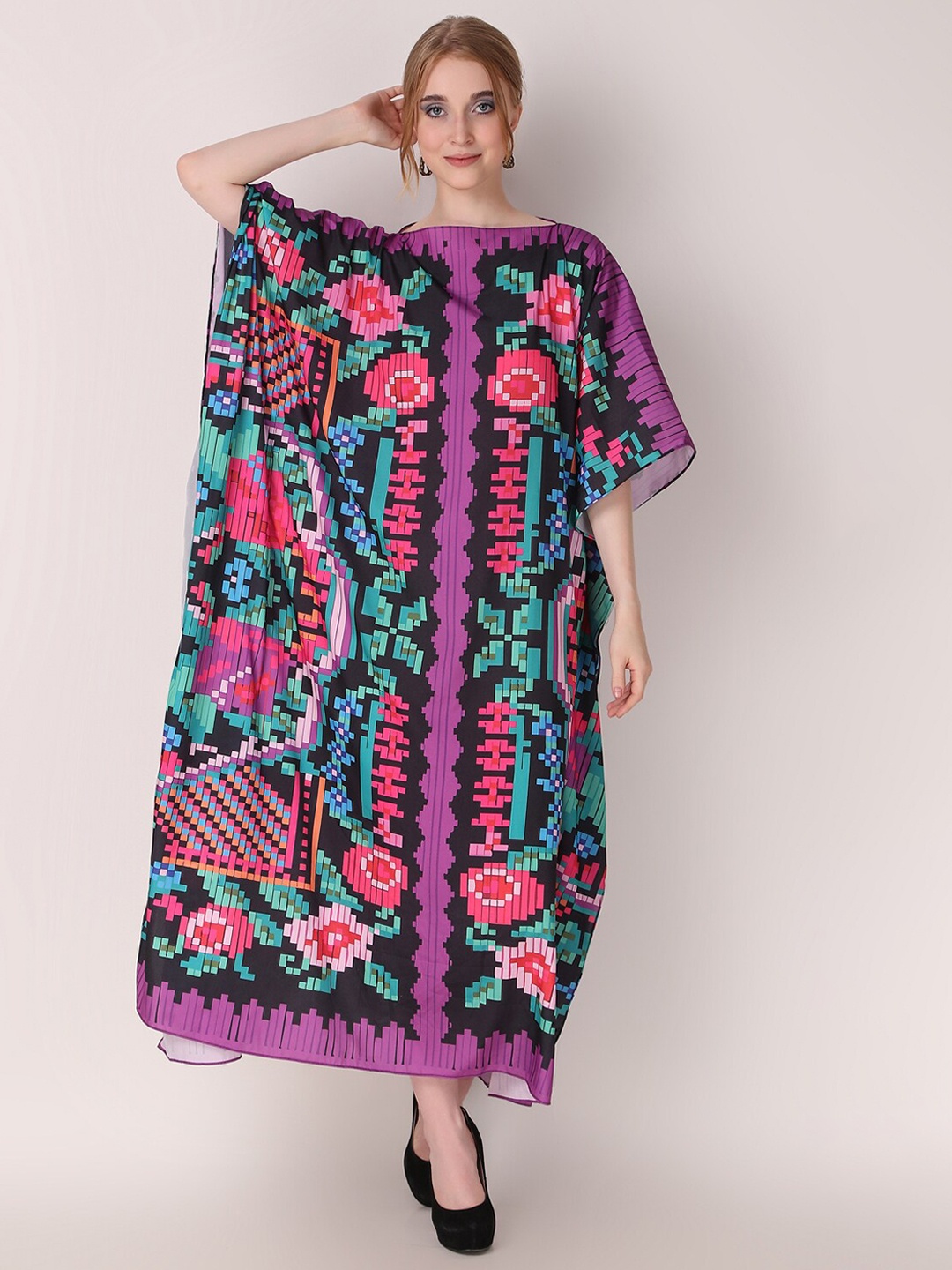 

Rajoria Instyle Abstract Printed Flared Sleeves Kaftan Maxi Dress, Pink