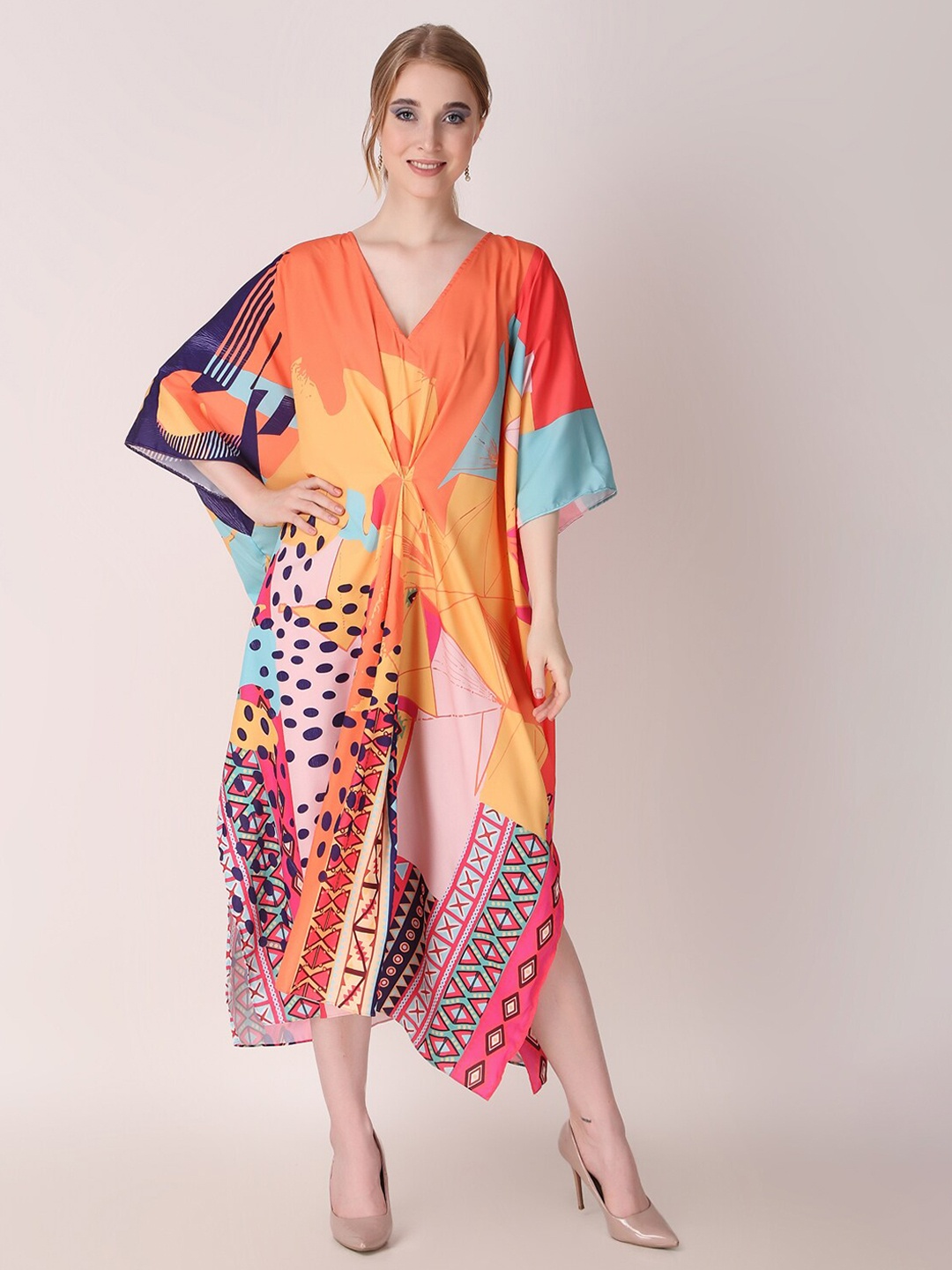 

Rajoria Instyle Abstract Printed V-Neck Swimwear Cover up Top, Orange