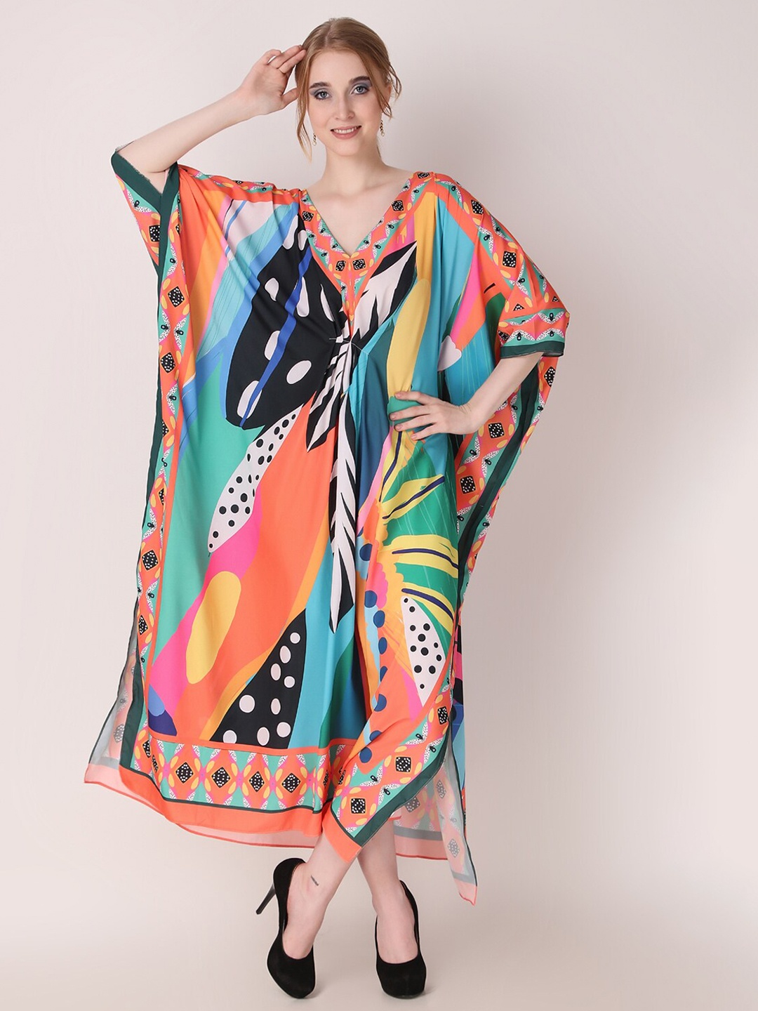 

Rajoria Instyle Graphic Printed V-Neck Kaftan Dress, Orange