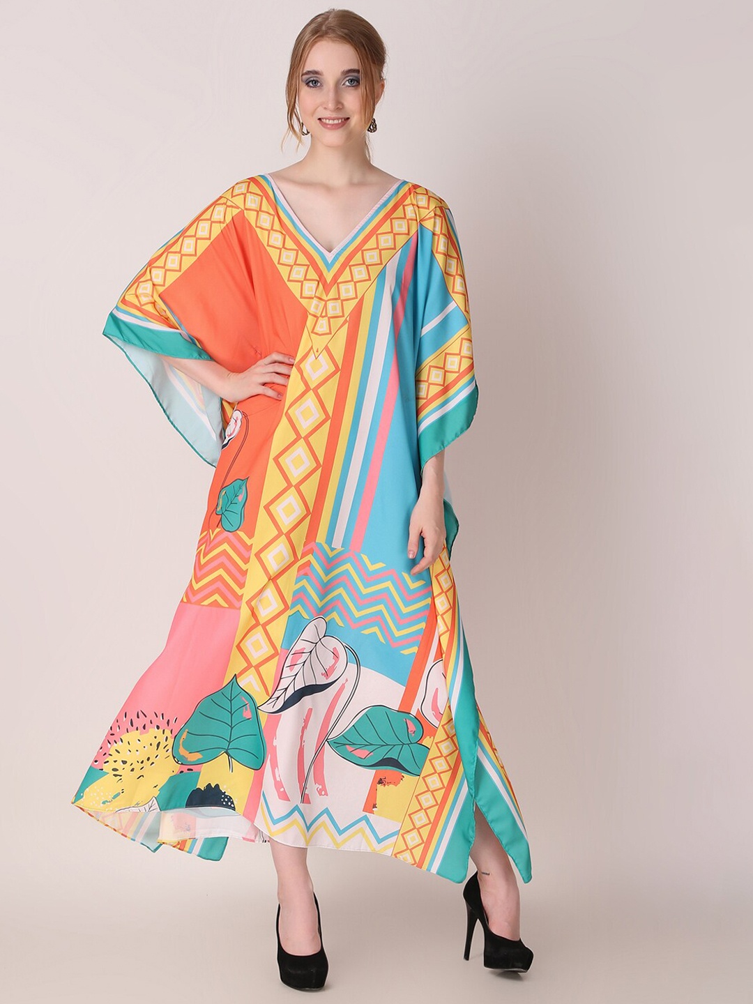 

Rajoria Instyle Geometric Printed Flared Sleeves Kaftan Maxi Dress, Orange
