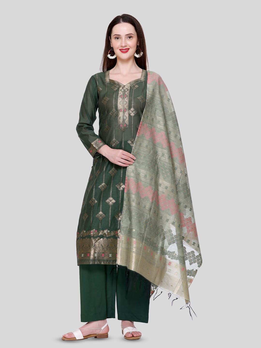 

KIDAR Woven Design Zari Pure Cotton Unstitched Dress Material, Green