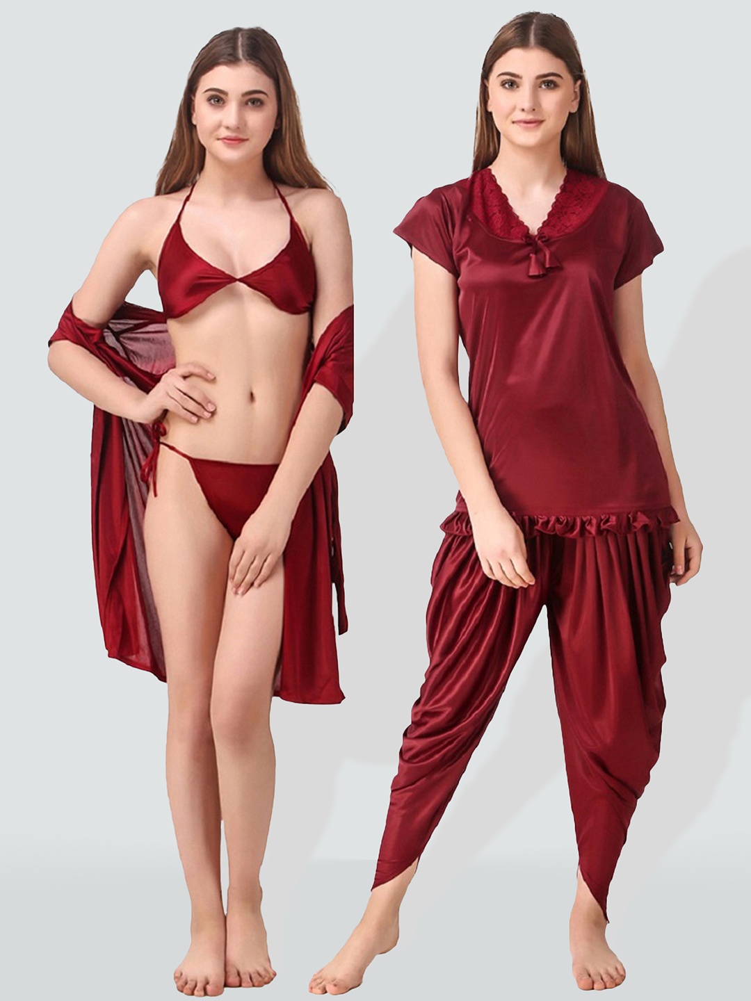 

Romaisa Pack Of 5 Satin Nightdress, Maroon