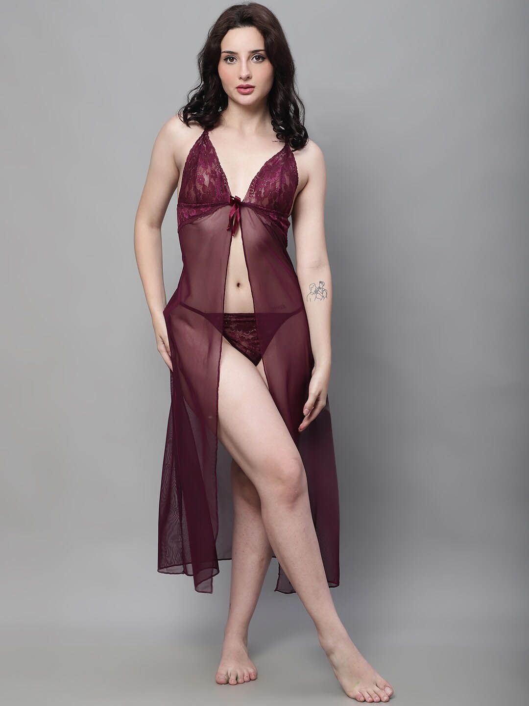 

Shararat Self Designed Halter Neck Baby Doll, Burgundy