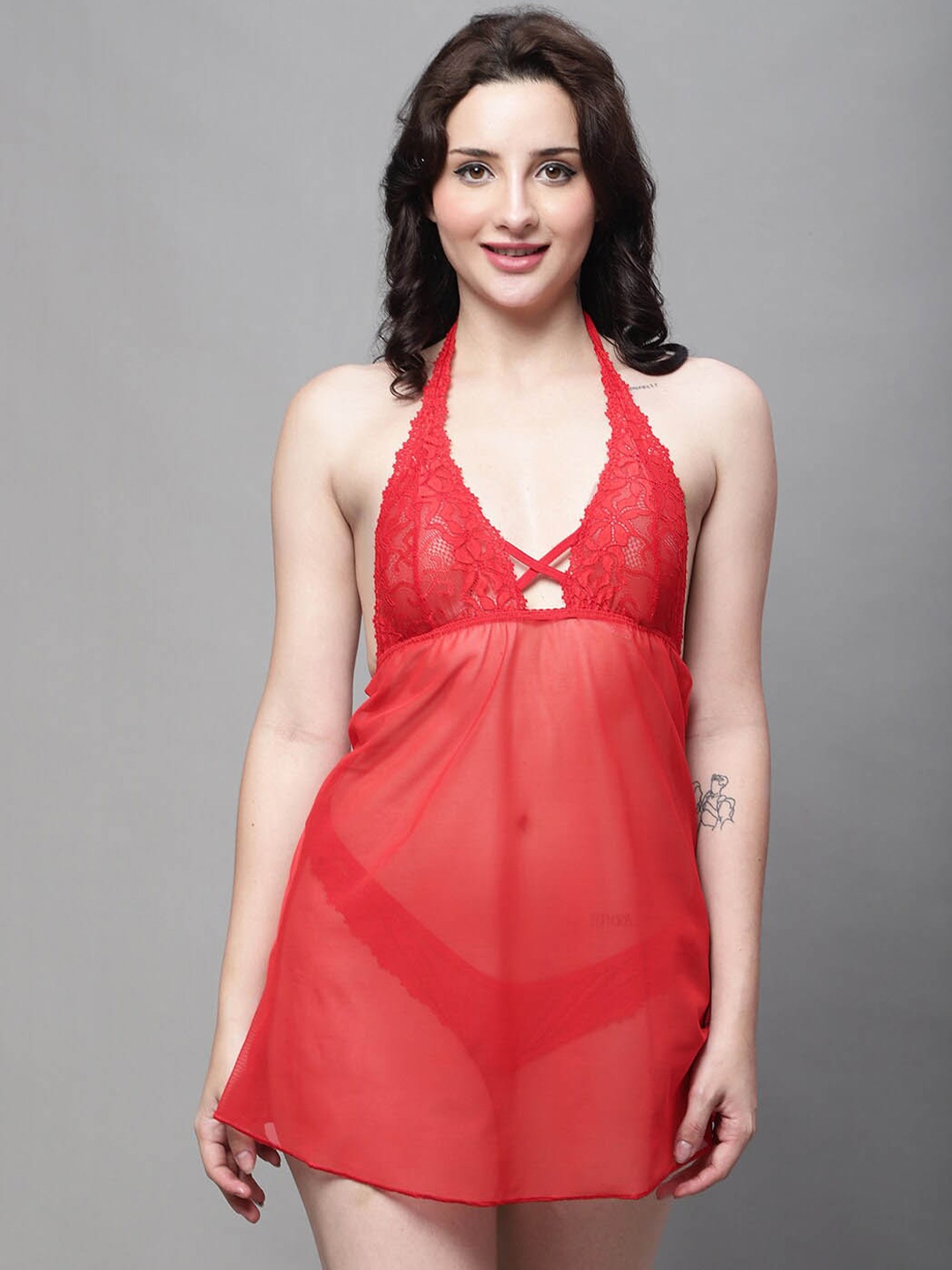 

Shararat Self Designed Halter Neck Baby Doll, Red