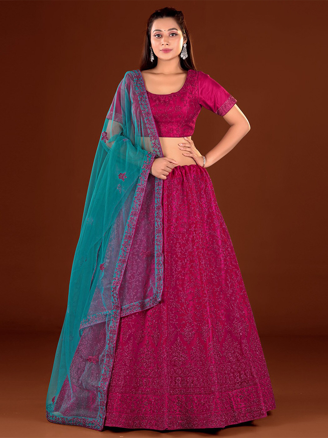 

HALFSAREE STUDIO Embroidered Semi-Stitched Lehenga & Unstitched Blouse With Dupatta, Pink