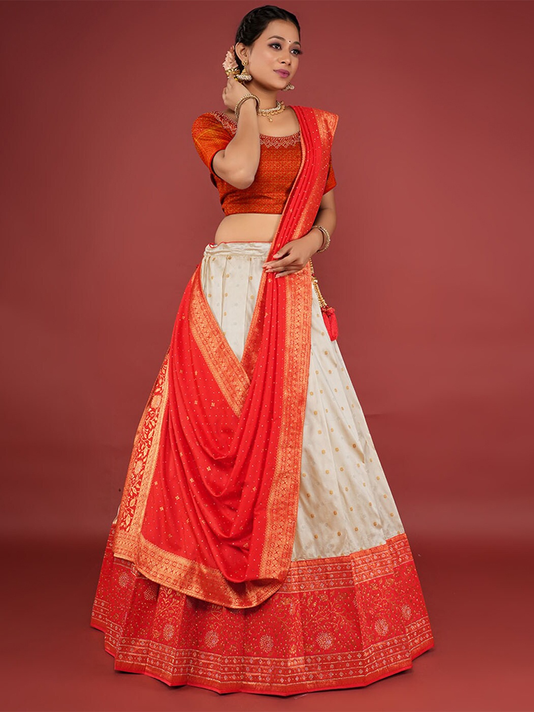 

HALFSAREE STUDIO Semi-Stitched Lehenga & Unstitched Blouse With Dupatta, Red