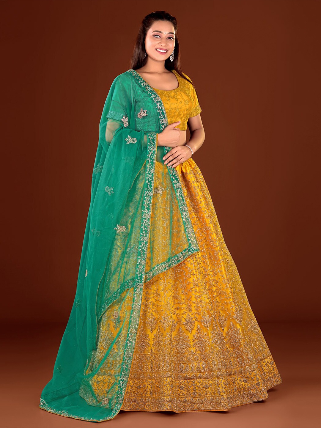 

HALFSAREE STUDIO Embroidered Semi-Stitched Lehenga & Unstitched Blouse With Dupatta, Mustard