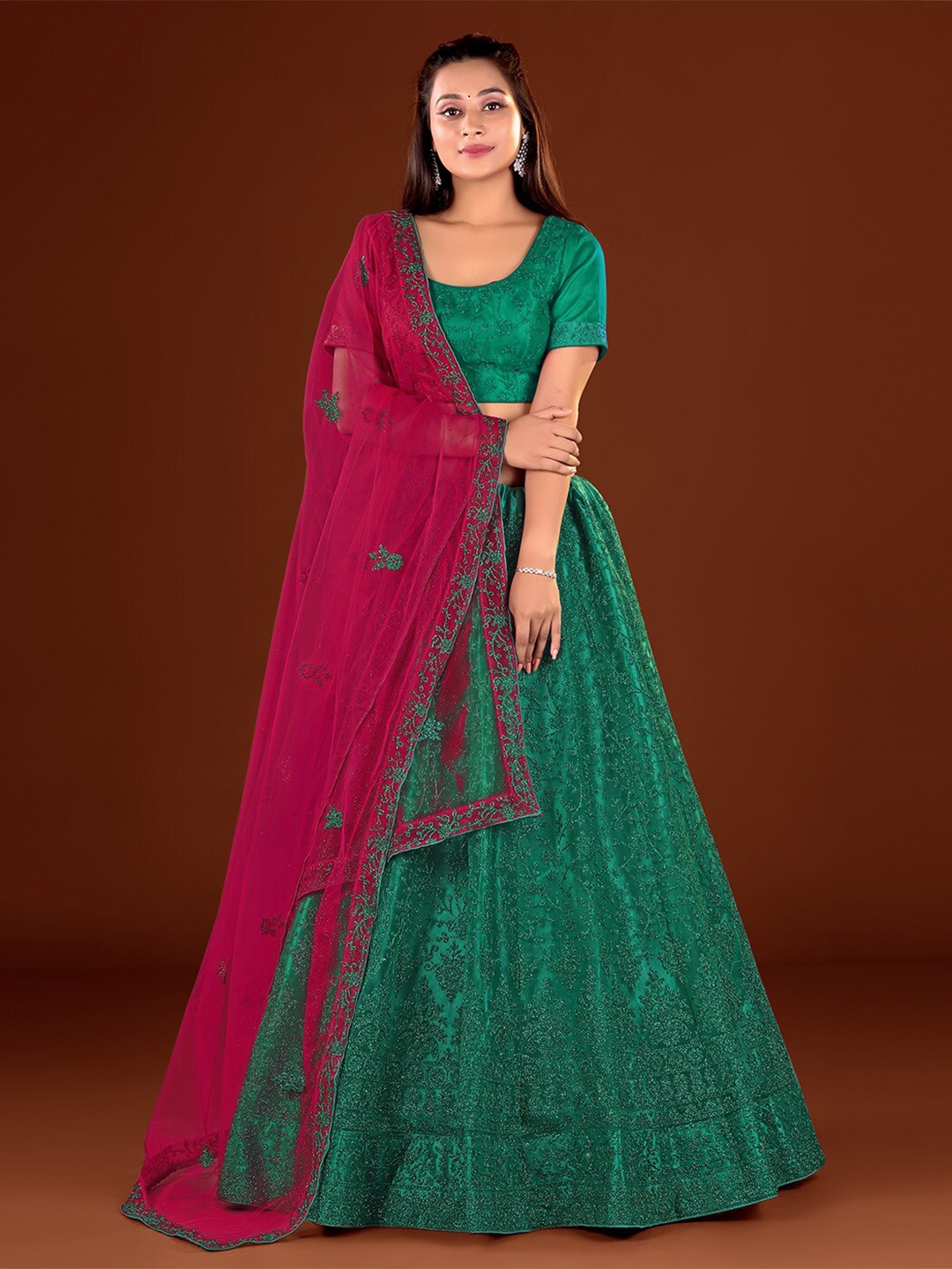 

HALFSAREE STUDIO Embroidered Semi-Stitched Lehenga & Unstitched Blouse With Dupatta, Pink
