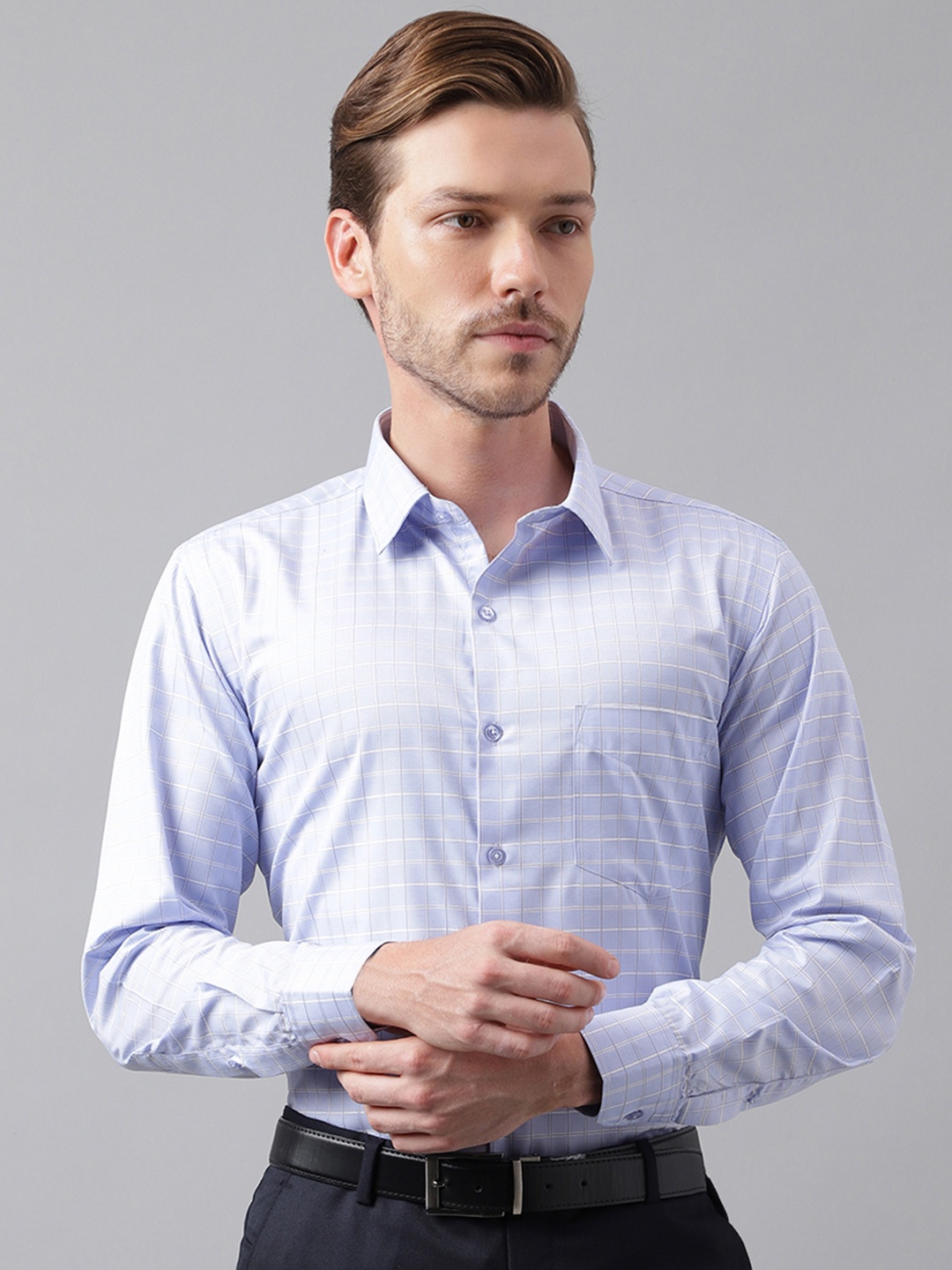 

English Navy Windowpane Checked Easy Iron Slim Fit Formal Shirt, Blue