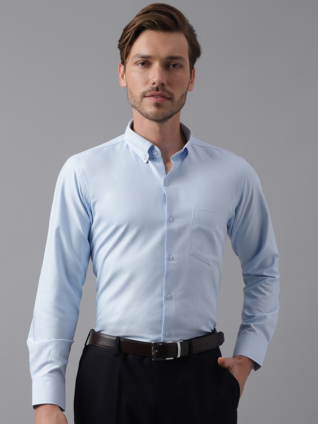 

English Navy Relaxed Slim Fit Opaque Oxford Formal Shirt, Blue