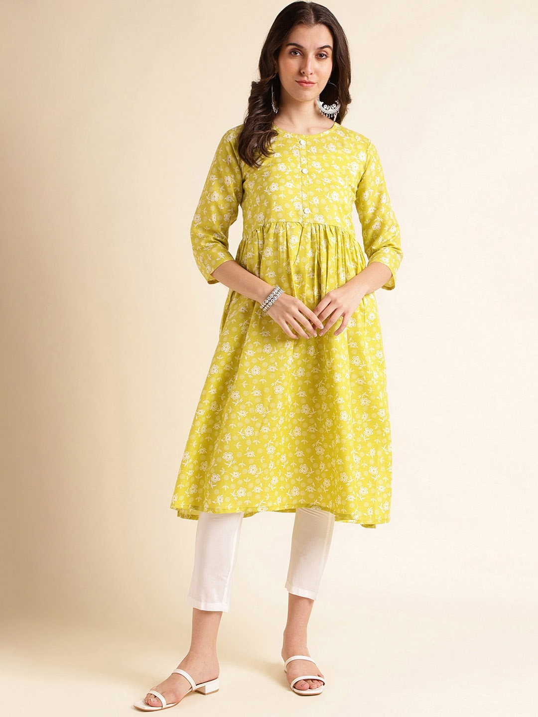 

Fabclub Floral Printed Round Neck Three-Quarter Sleeves Pleated A-Line Kurta, Lime green