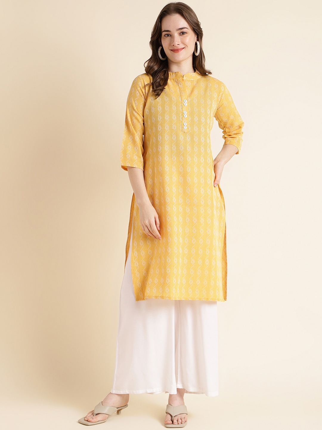 Fabclub Ethnic Motifs Woven Design Mandarin Collar Kurta, Yellow