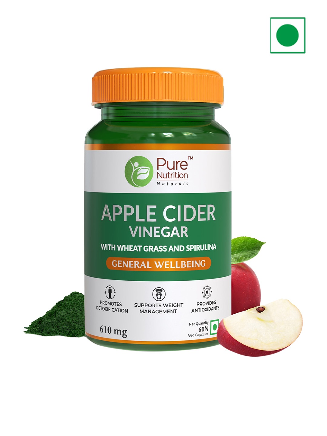 

Pure Nutrition Apple Cider Vinegar Capsules with Wheat Grass & Spirulina - 60 Veg Capsules, White