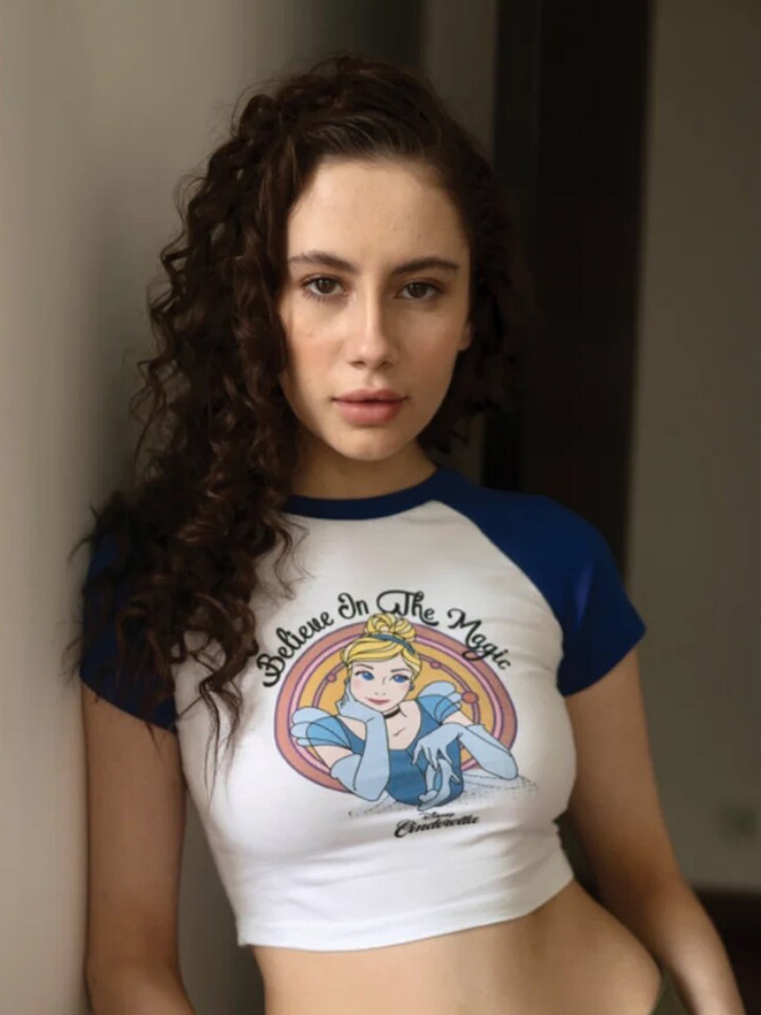 Bonkers Corner Cinderella Printed Raglan Sleeves Cotton Fitted Crop Top, White