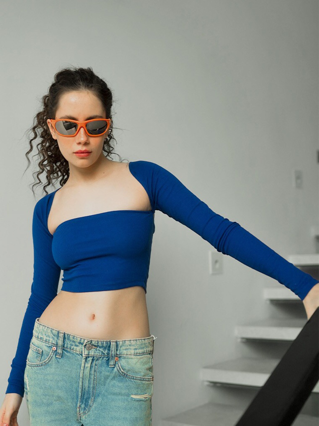 

Bonkers Corner Square Neck Cut Outs Fitted Cotton Crop Top, Blue