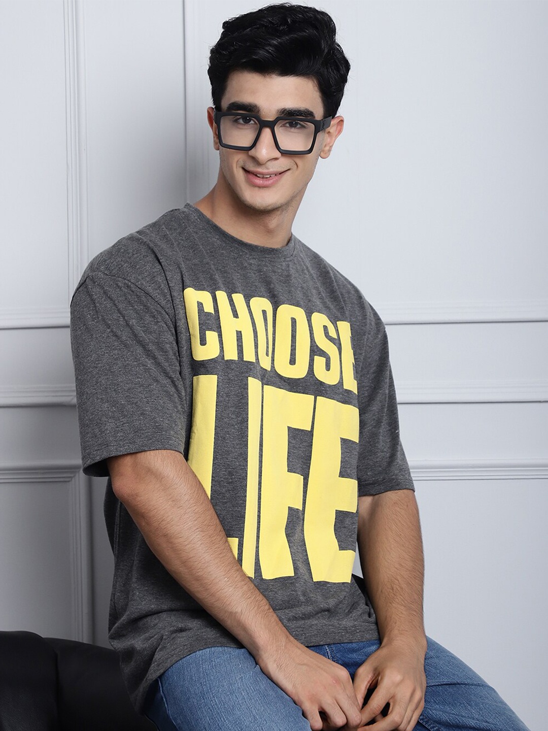 DOOR74 Typography Printed Oversized Cotton T-shirt, Charcoal