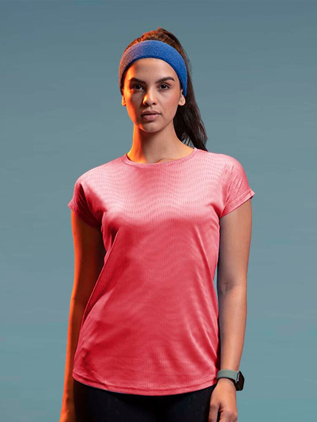 

LYRA Self Design Dri Fit Round Neck T-Shirt, Coral