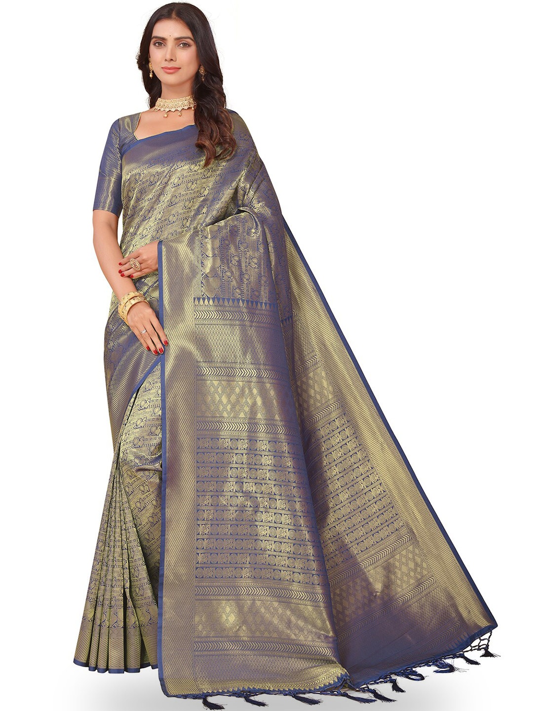 

Leeza Store Ethnic Motifs Woven Design Zari Art Silk Kanjeevaram Saree, Blue