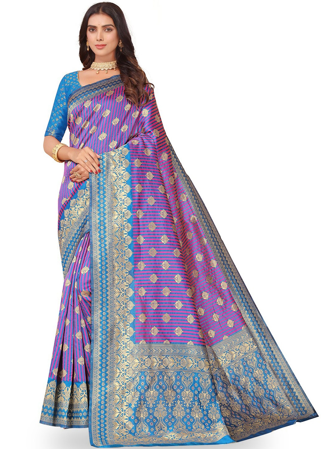 

Leeza Store Ethnic Motifs Woven Design Zari Art Silk Banarasi Saree, Blue