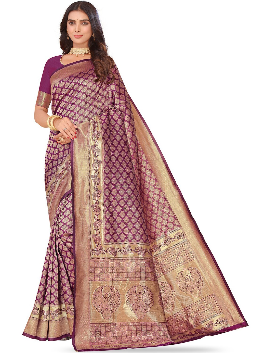 

Leeza Store Ethnic Motifs Woven Design Zari Art Silk Kanjeevaram Saree, Purple