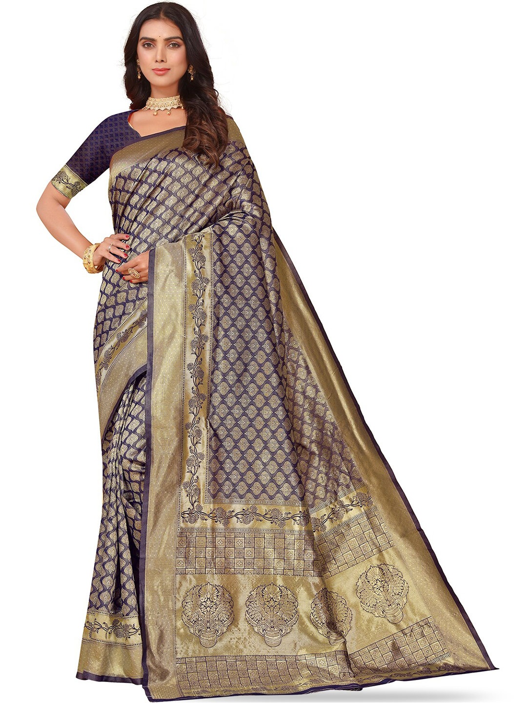 

Leeza Store Ethnic Motifs Woven Design Zari Art Silk Kanjeevaram Saree, Blue