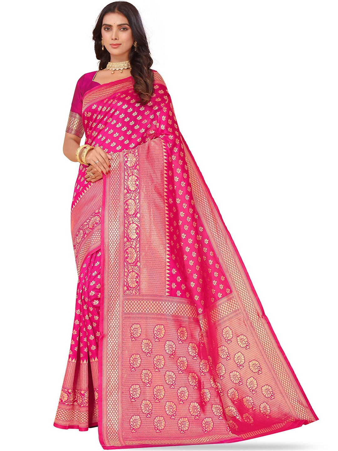 

Leeza Store Ethnic Motifs Woven Design Zari Art Silk Kanjeevaram Saree, Pink