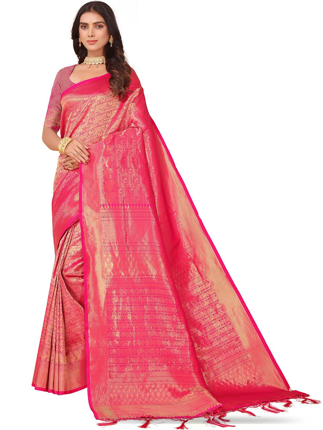 

Leeza Store Ethnic Motifs Woven Design Zari Art Silk Kanjeevaram Saree, Pink