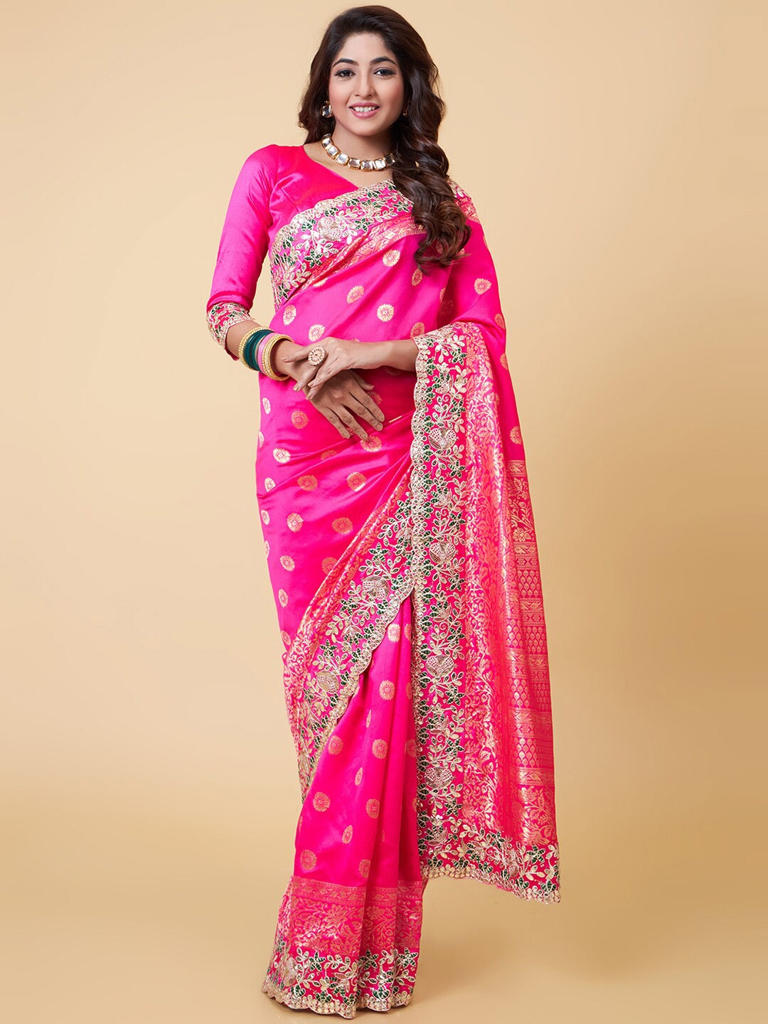 

GLAMONY Floral Woven Design Zari Pure Silk Saree, Pink