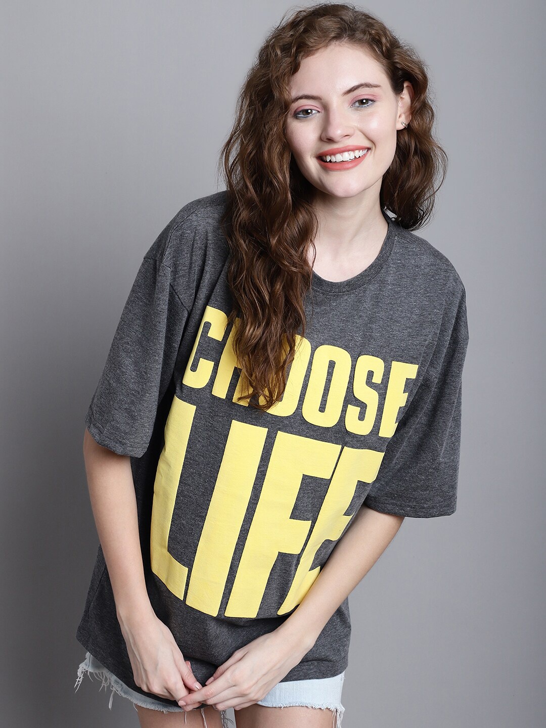 DOOR74 Typography Printed Longline Oversized Cotton T-shirt, Charcoal