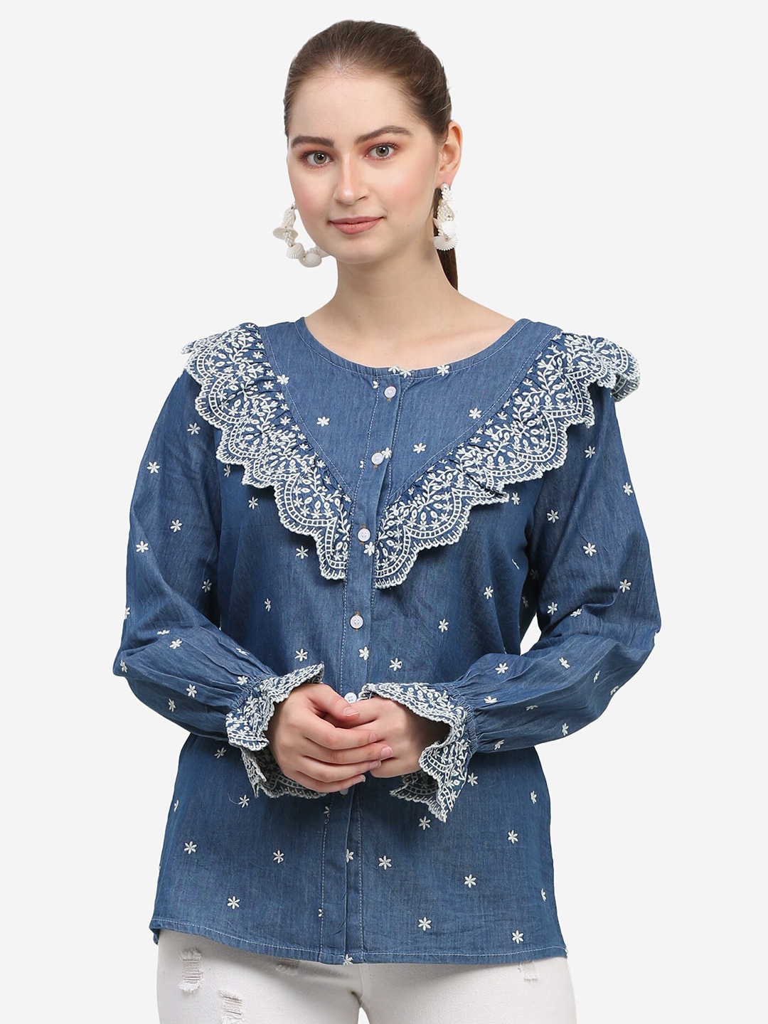 

SUMAVI-FASHION Floral Embroidered Ruffled Cotton Denim Shirt Style Top, Blue