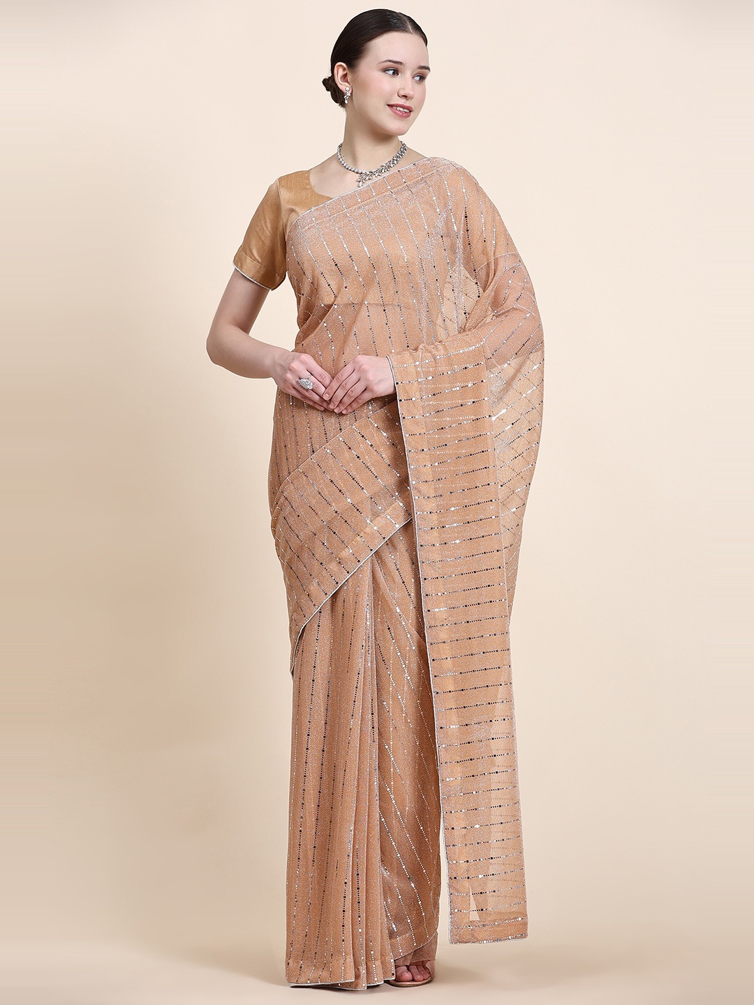 

Indian Women Embellished Mirror Work Saree, Peach