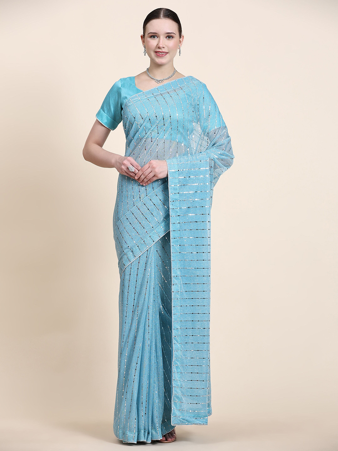 

Indian Women Embellished Mirror Work Saree, Blue