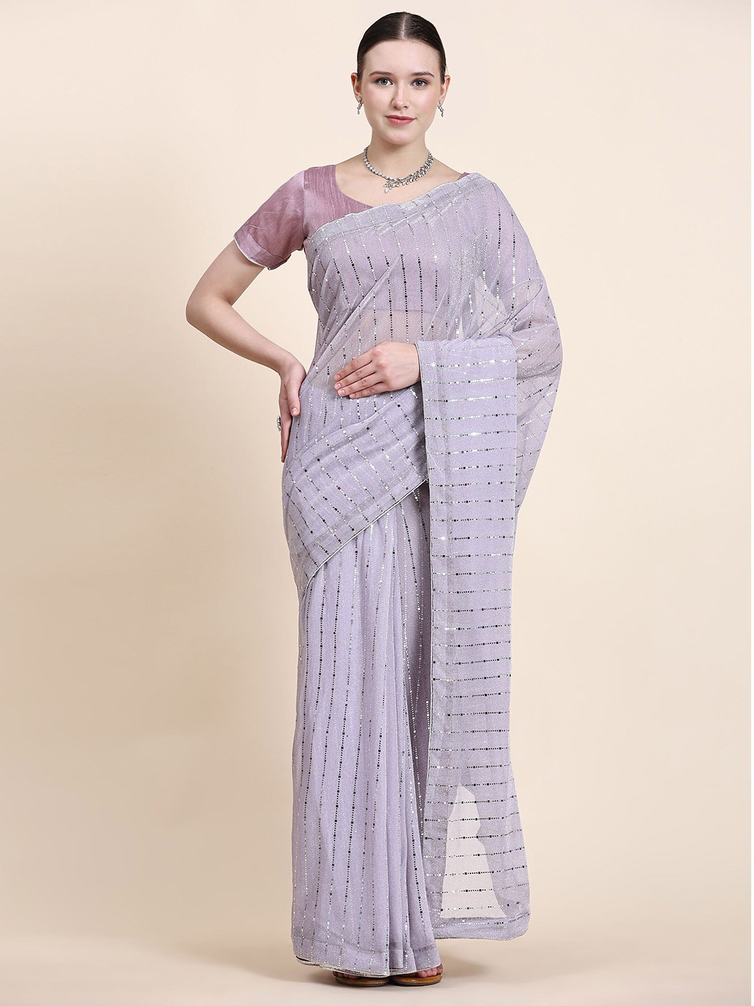 

Indian Women Embellished Mirror Work Saree, Lavender