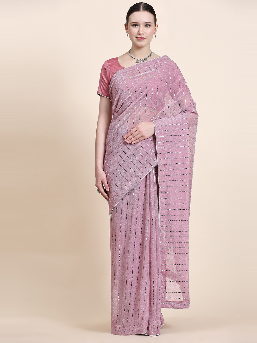 

Indian Women Embellished Mirror Work Saree, Pink