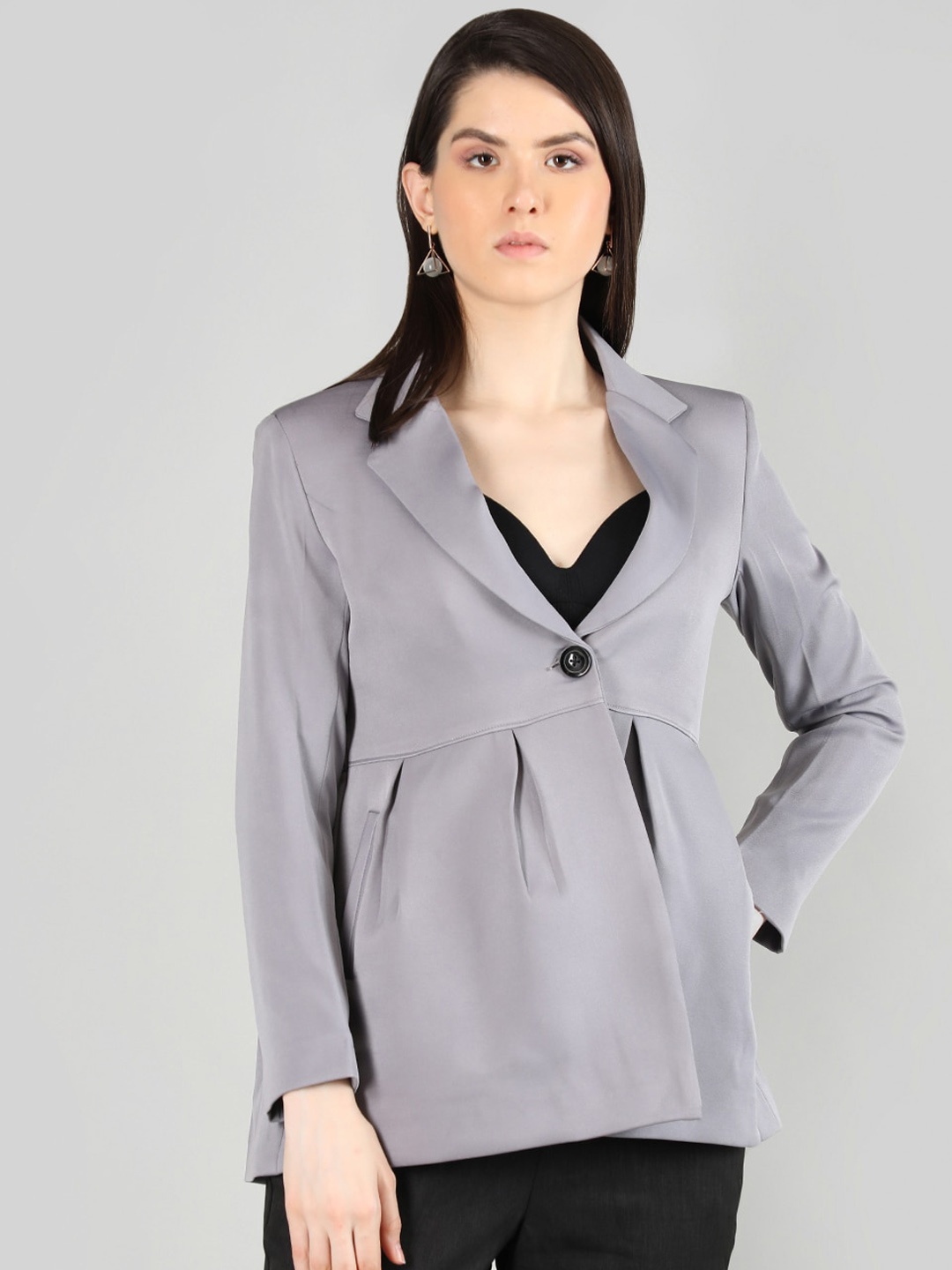 

CHKOKKO Notched Lapel Long Sleeves Over Coat, Grey