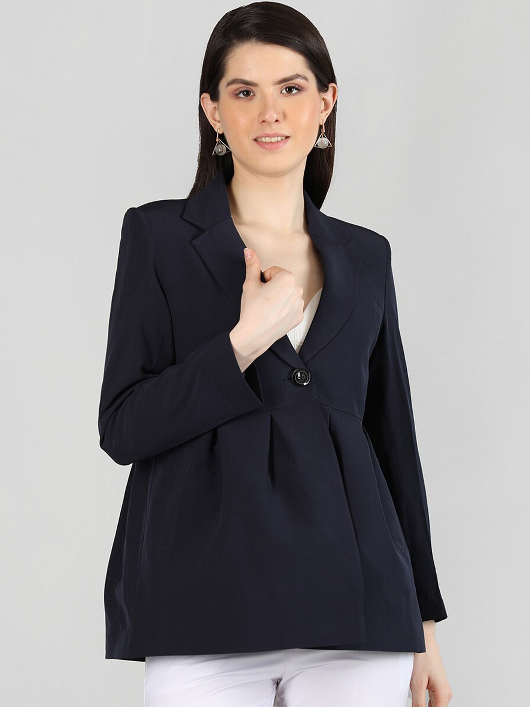 

CHKOKKO Notched Lapel Long Sleeves Over Coat, Navy blue