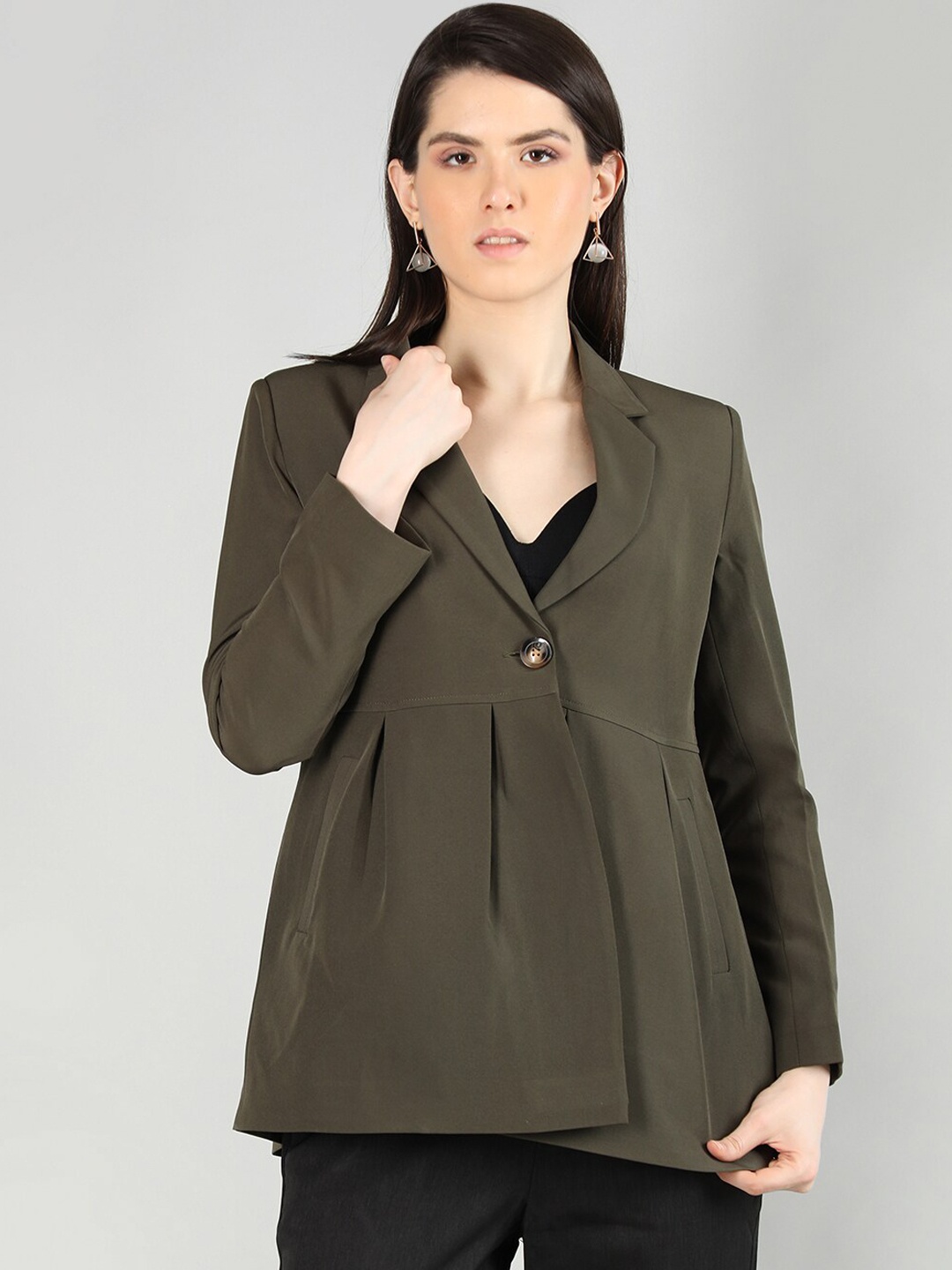 

CHKOKKO Notched Lapel Long Sleeves Over Coat, Olive