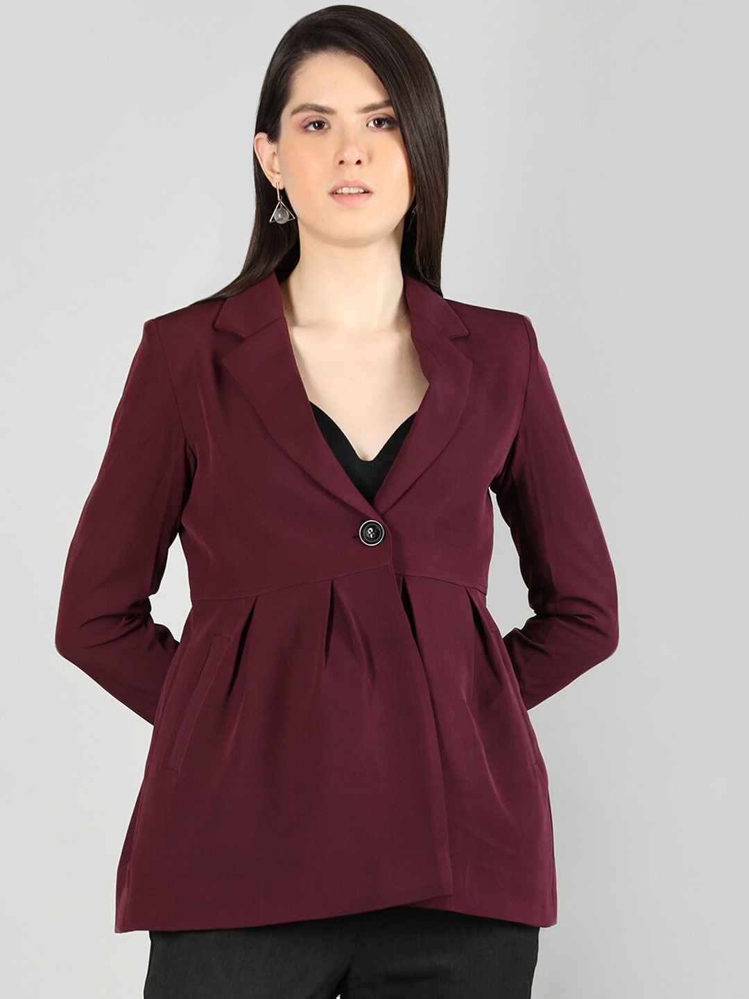 

CHKOKKO Notched Lapel Long Sleeves Over Coat, Maroon