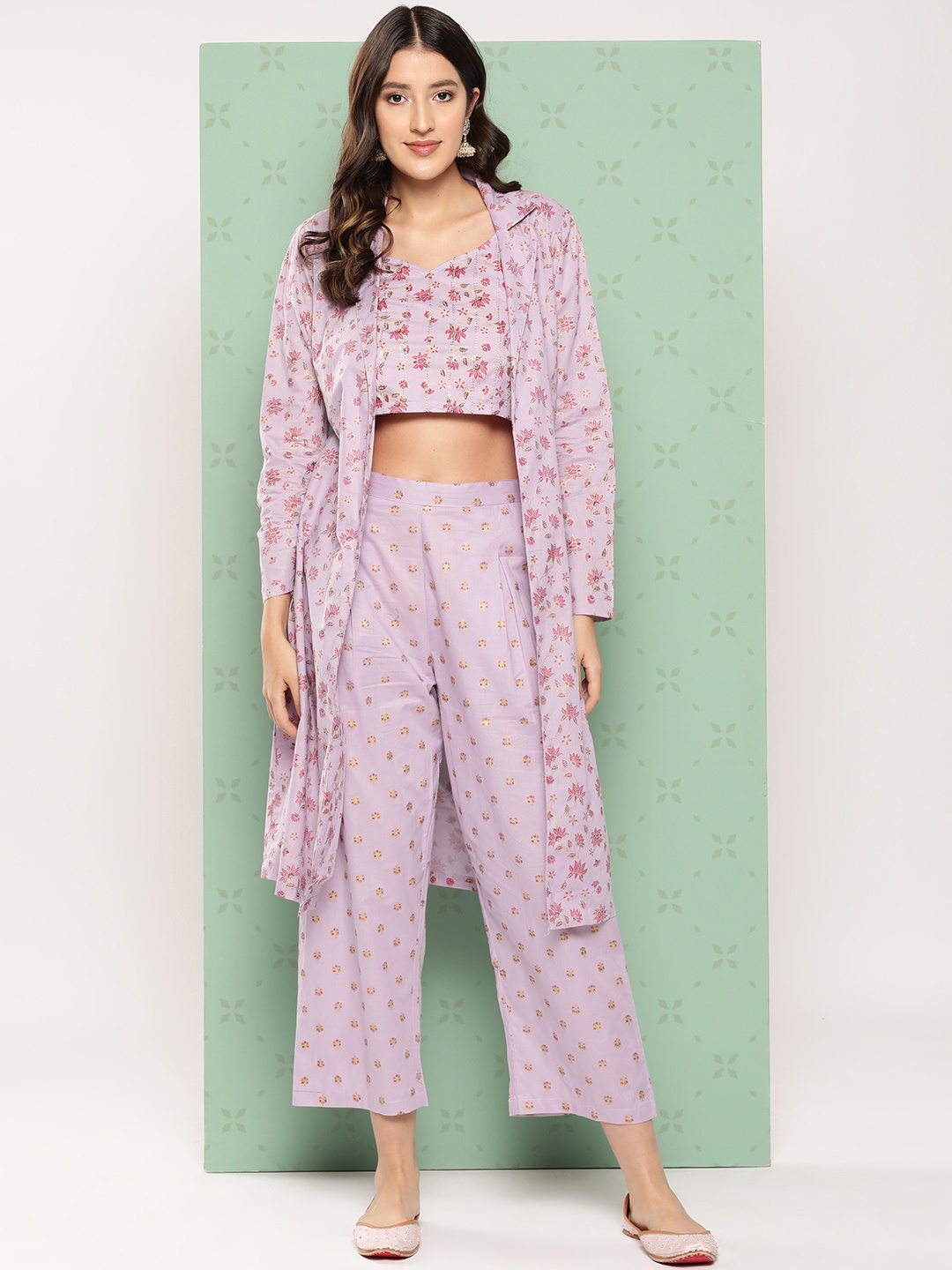 

Yufta Women Printed Cotton Top with Trousers with Shrug, Pink