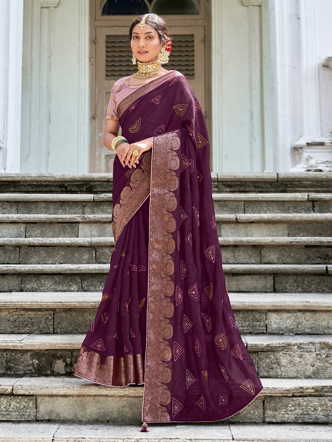 

Mitera Purple Geometric Woven Design Embroidered Saree