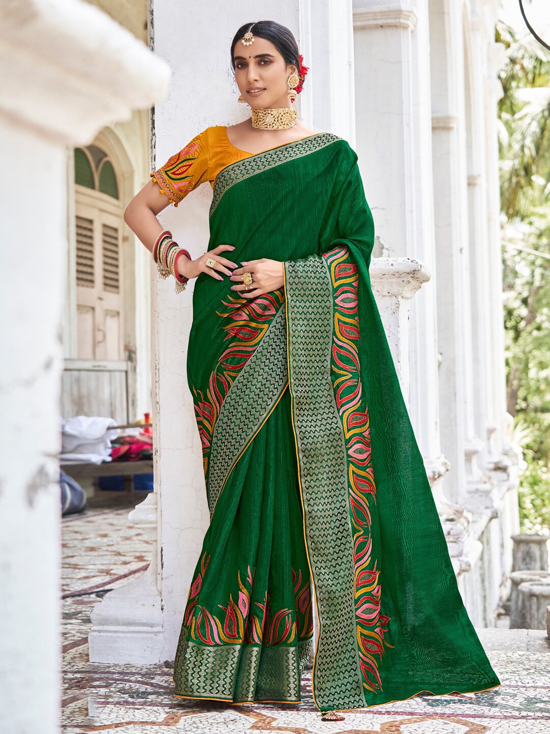 

Mitera Green Embroidered Border Zari Detailed Saree