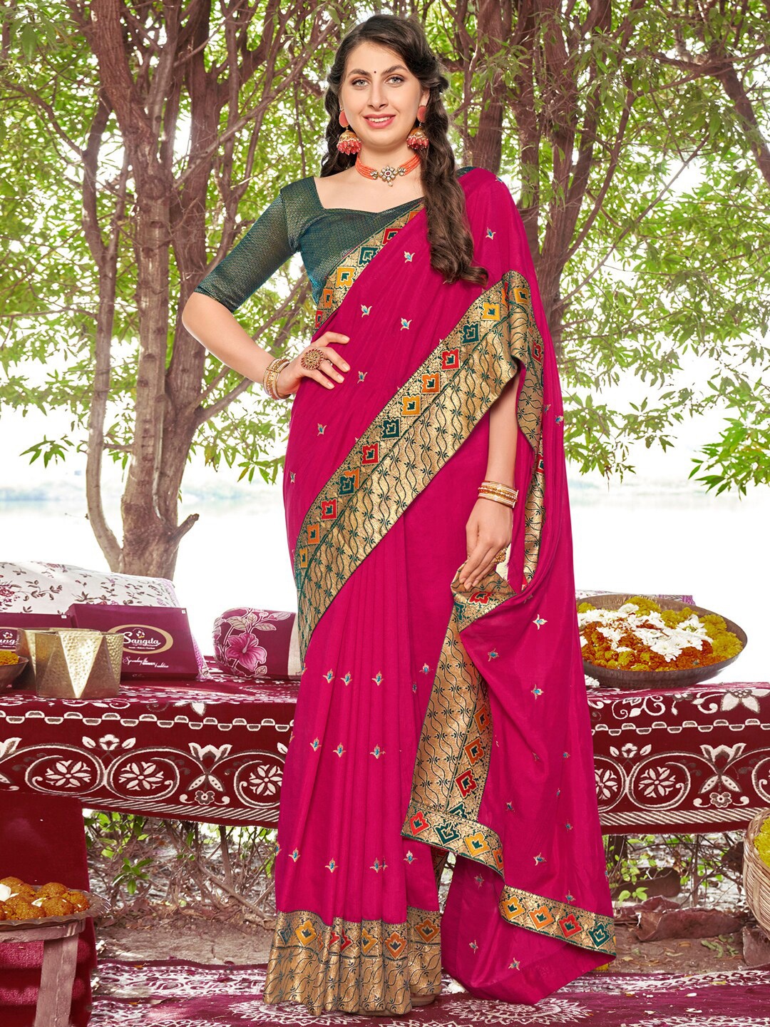 

Mitera Pink & Green Floral Embroidered Zari Saree
